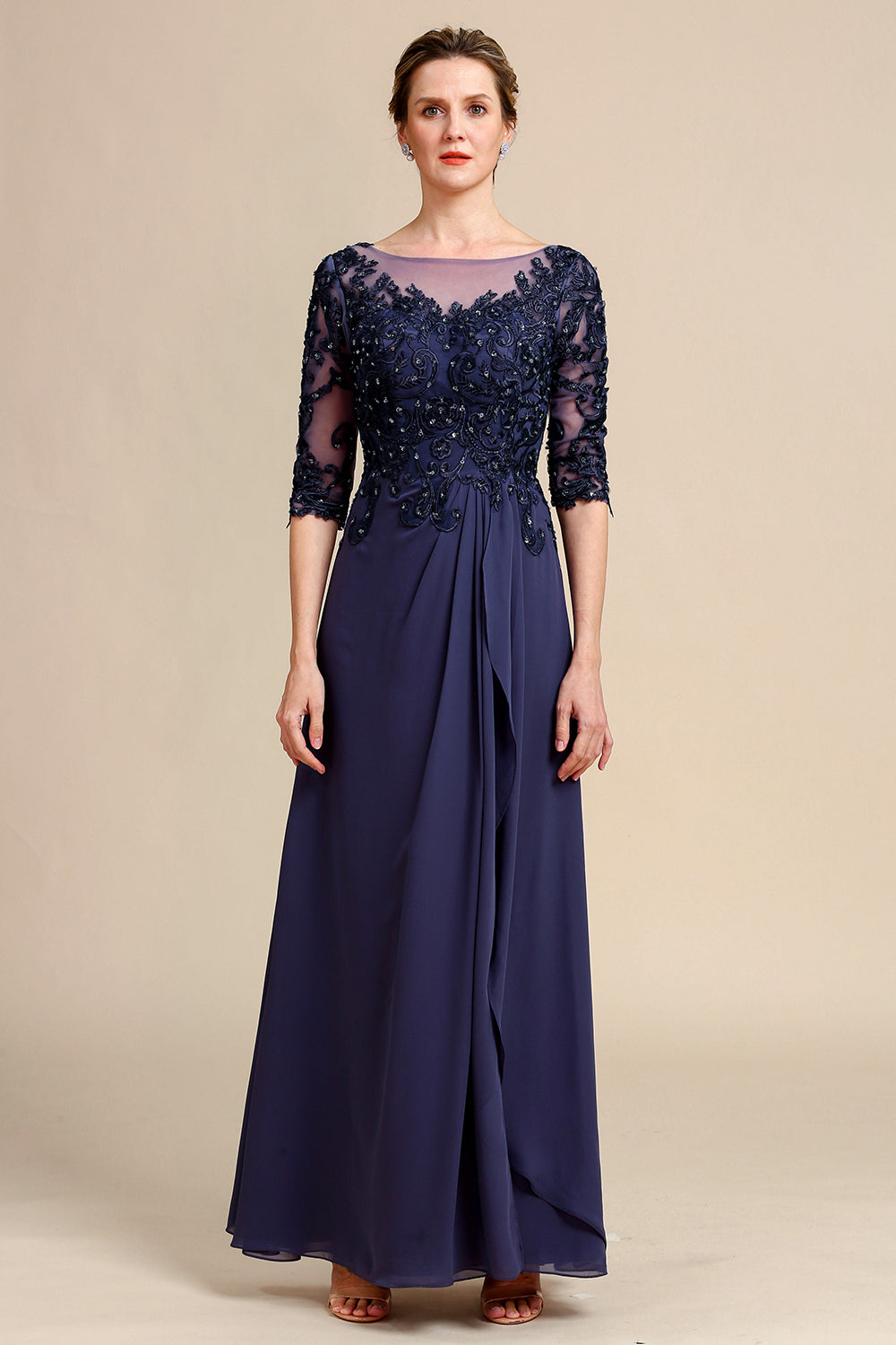 Long Sleeves Blue Mother of the Bride Dress with Appliques