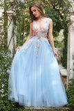 A Line Deep V Neck Light Blue Long Prom Dresses with Appliques