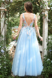 A Line Deep V Neck Light Blue Long Prom Dresses with Appliques