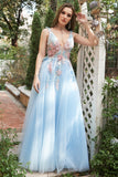 A Line Deep V Neck Light Blue Long Prom Dresses with Appliques