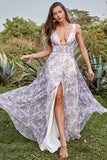 Ivory Purple Printed V-Neck Prom Dress With Slit