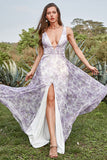 Ivory Purple Printed V-Neck Prom Dress With Slit