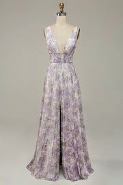 Ivory Purple Printed V-Neck Prom Dress With Slit