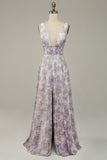 Ivory Purple Printed V-Neck Prom Dress With Slit