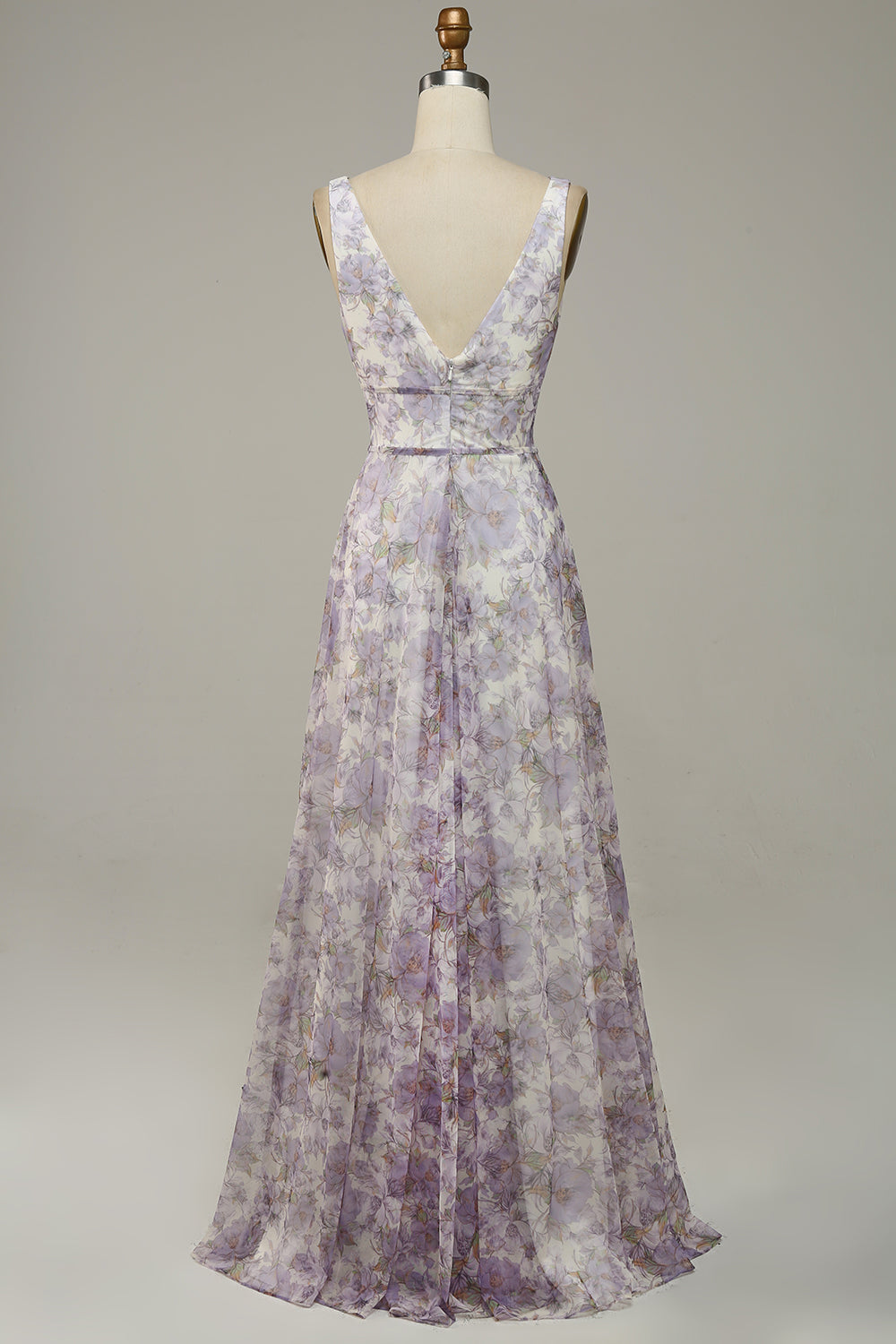 Ivory Purple Printed V-Neck Prom Dress With Slit