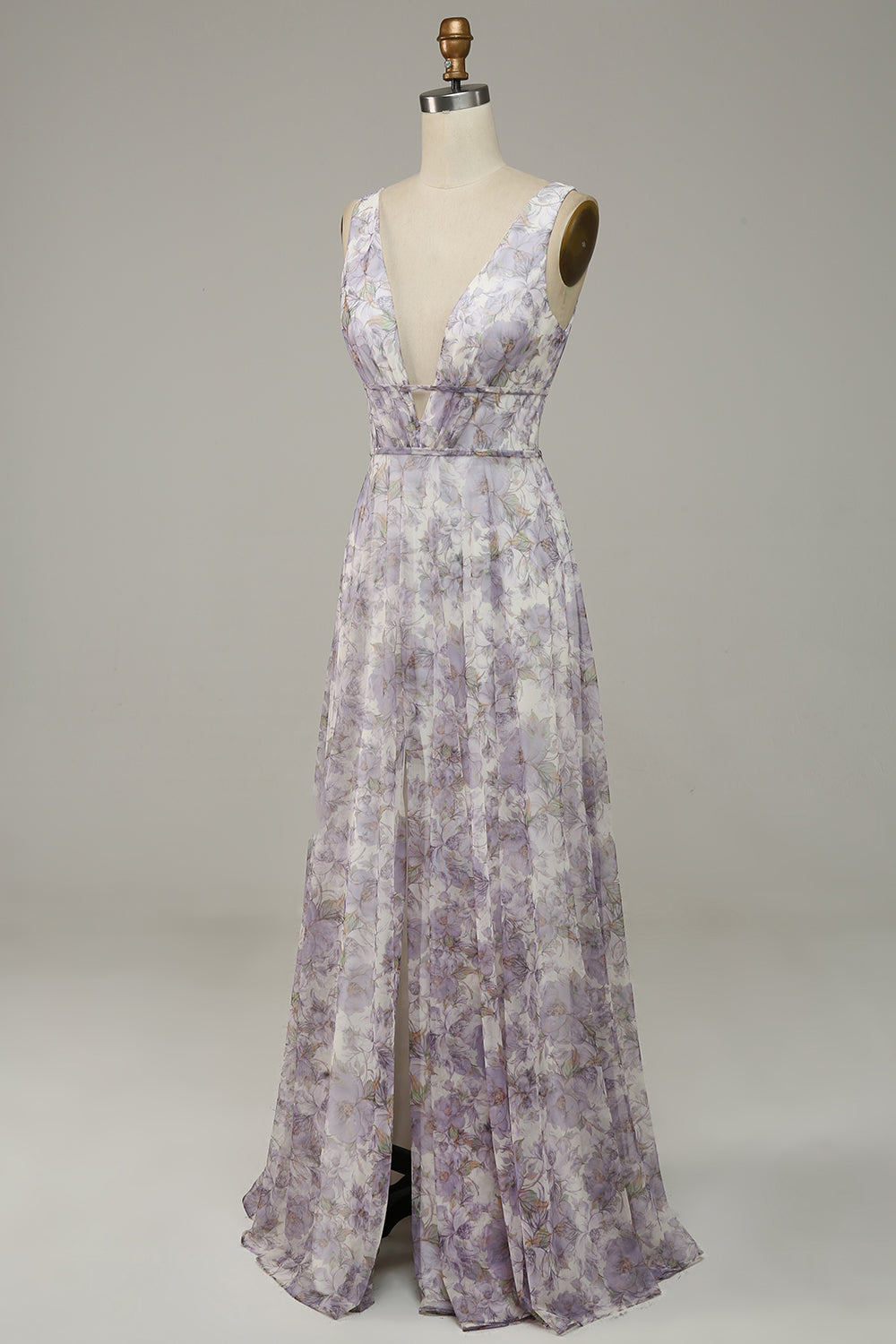 Ivory Purple Printed V-Neck Prom Dress With Slit