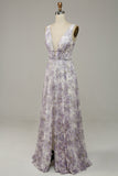 Ivory Purple Printed V-Neck Prom Dress With Slit