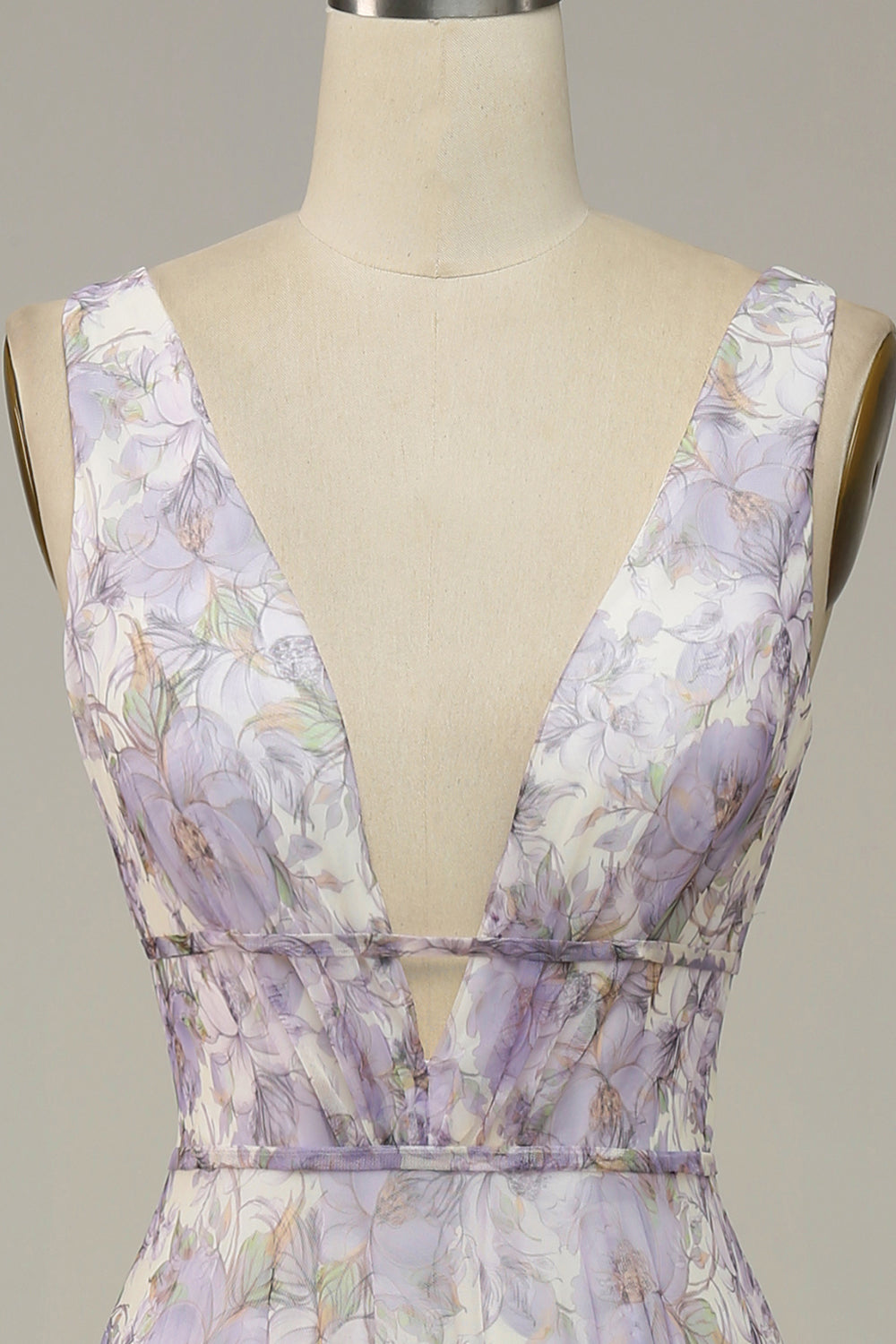 Ivory Purple Printed V-Neck Prom Dress With Slit