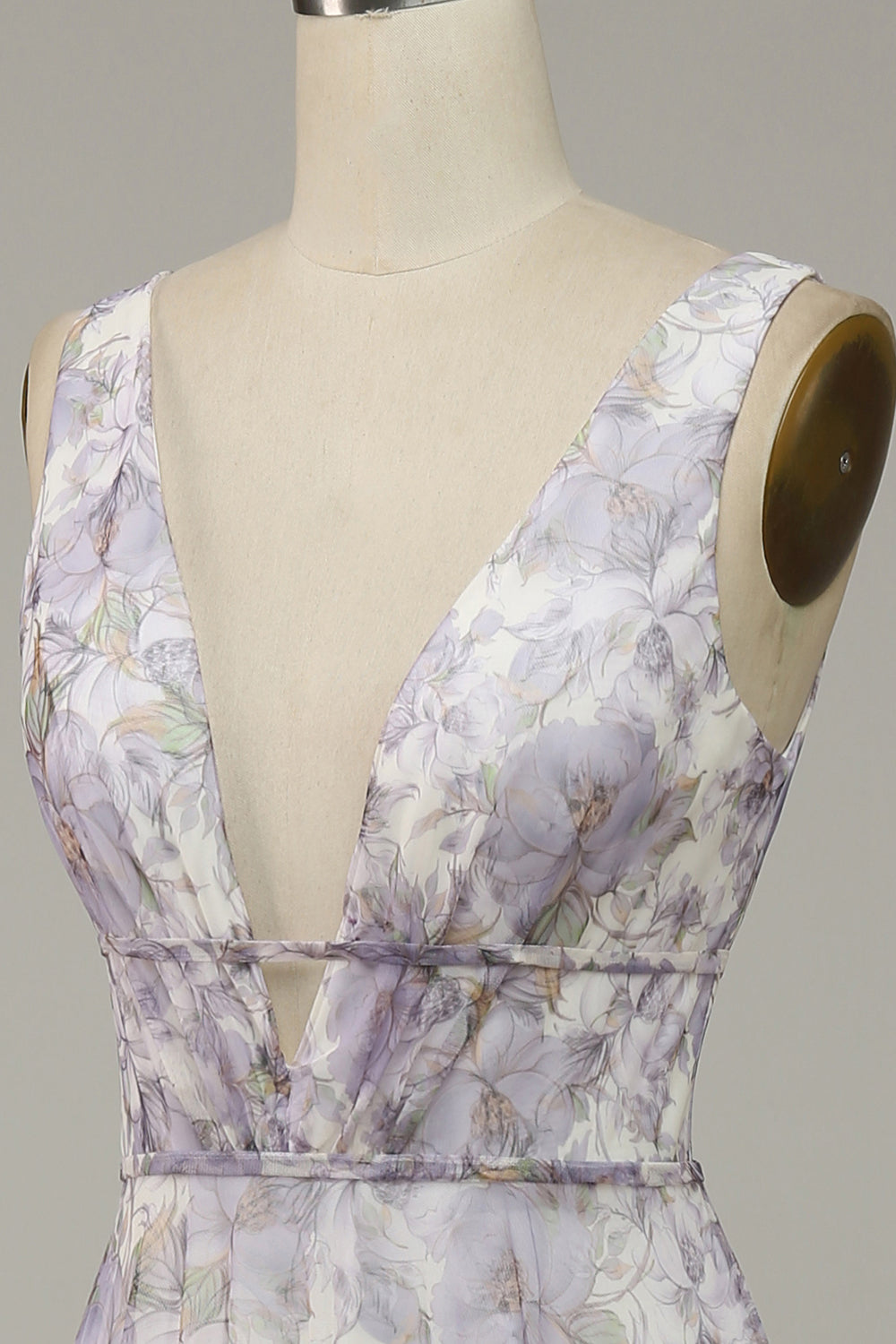 Ivory Purple Printed V-Neck Prom Dress With Slit