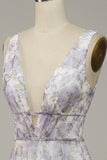 Ivory Purple Printed V-Neck Prom Dress With Slit