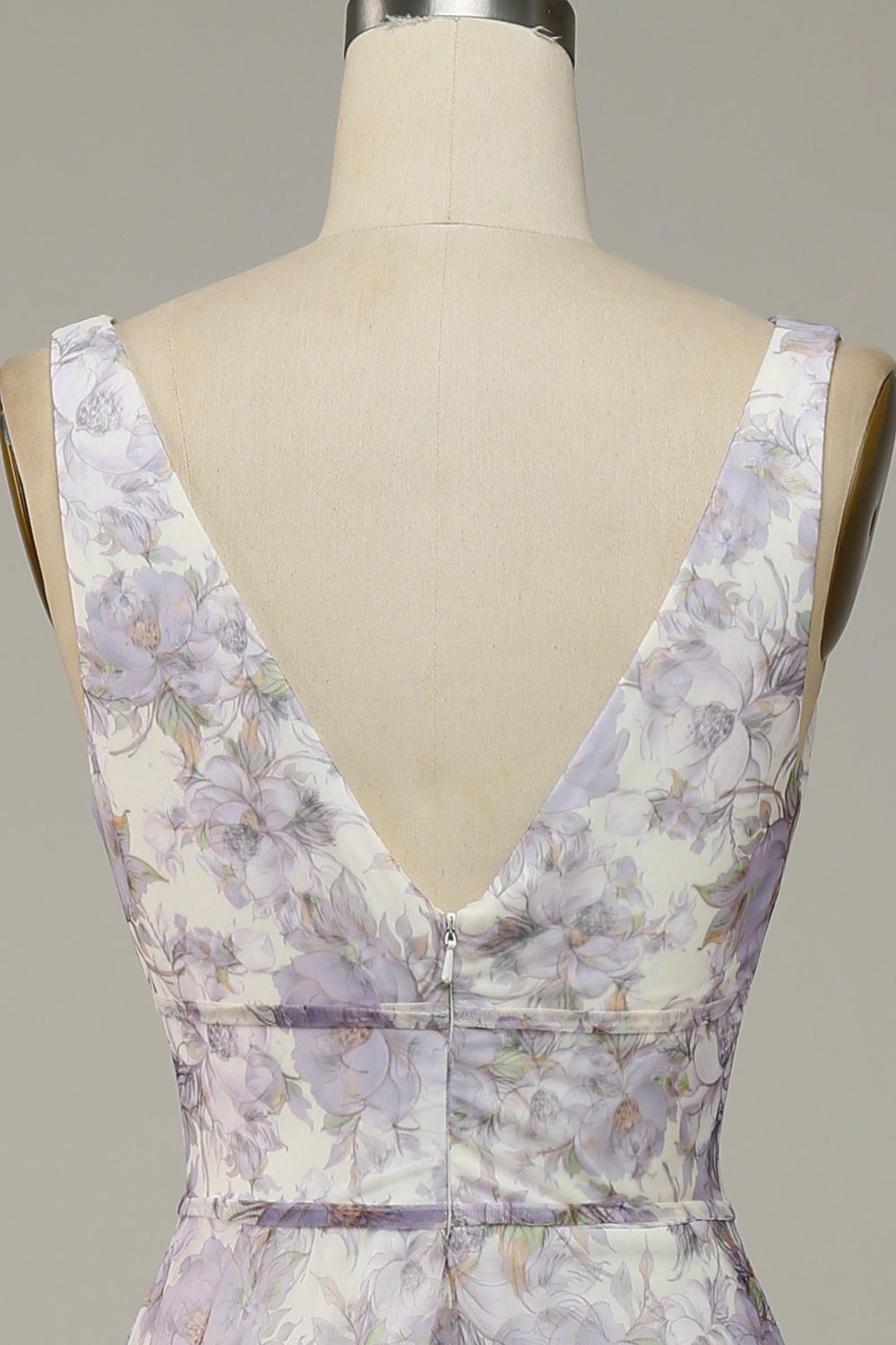 Ivory Purple Printed V-Neck Prom Dress With Slit