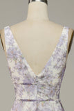 Ivory Purple Printed V-Neck Prom Dress With Slit