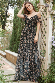 Black Chiffon Off Shoulder Prom Dress with Floral
