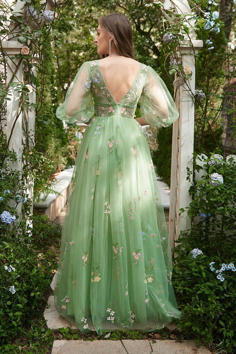 Zapaka Women Long Embroidery Prom Dress Green V-neck Short Sleeves