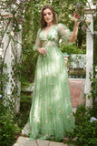 A-Line V-Neck Embroidery Lavender Long Prom Dress with Short Sleeves