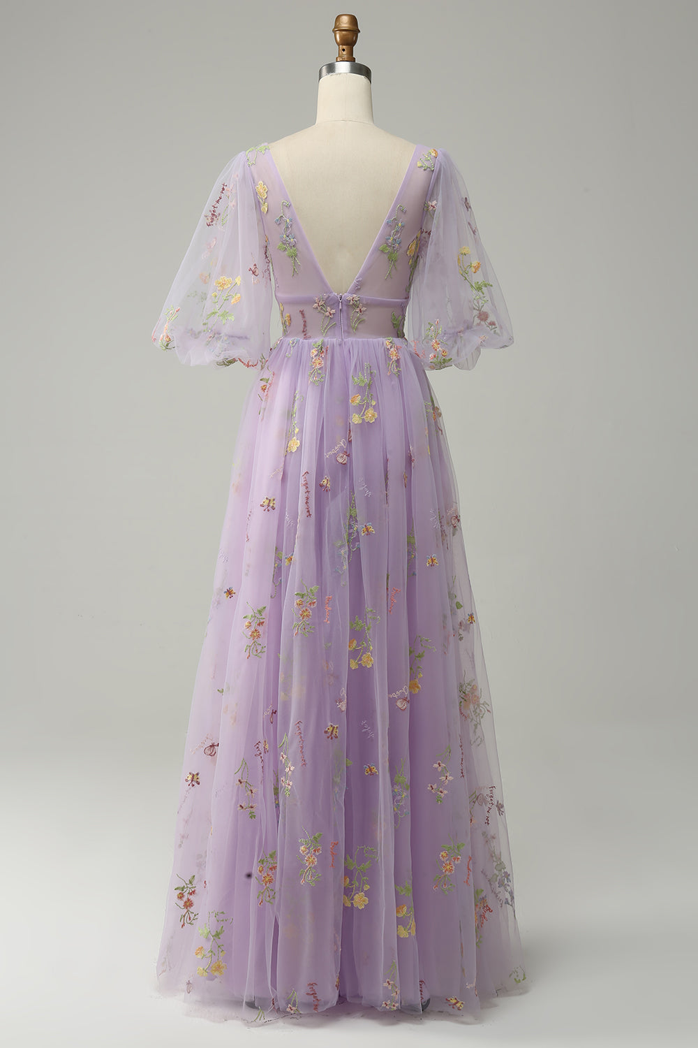 A-Line V-Neck Embroidery Lavender Long Prom Dress with Short Sleeves