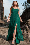 Dark Green Lace Spaghetti Straps Corset Prom Dress