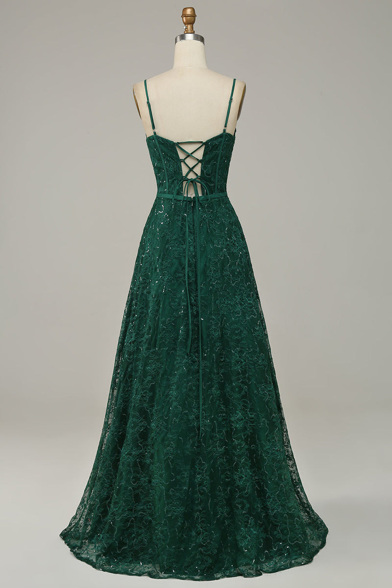 Zapaka Women Prom Dress Dark Green Lace Spaghetti Straps Corset Formal Dress  – Zapaka CA