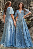 Grey Blue Tulle Embroidered Leaves Prom Dress