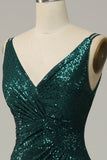 Dark Green Sequined Spaghetti Straps Prom Dress With Slit