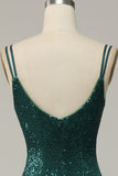 Dark Green Sequined Spaghetti Straps Prom Dress With Slit