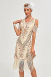 Black Cold Shoulder Sequins Fringes 1920s Gatsby Dress