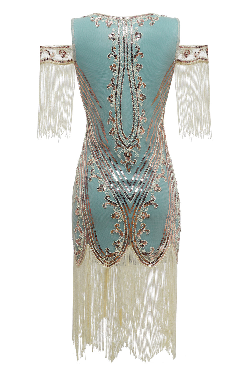 Green Sheath Off the Shoulder Sequins 1920s Dress With Tassels