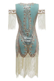 Green Sheath Off the Shoulder Sequins 1920s Dress With Tassels