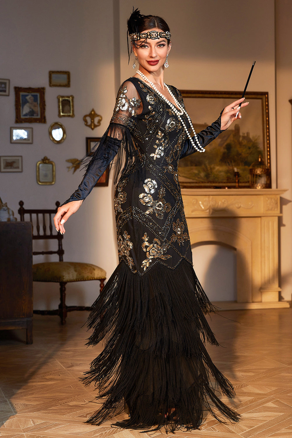 Sheath V Neck Dark Green Sequins Long 1920s Flapper Dress with Fringes