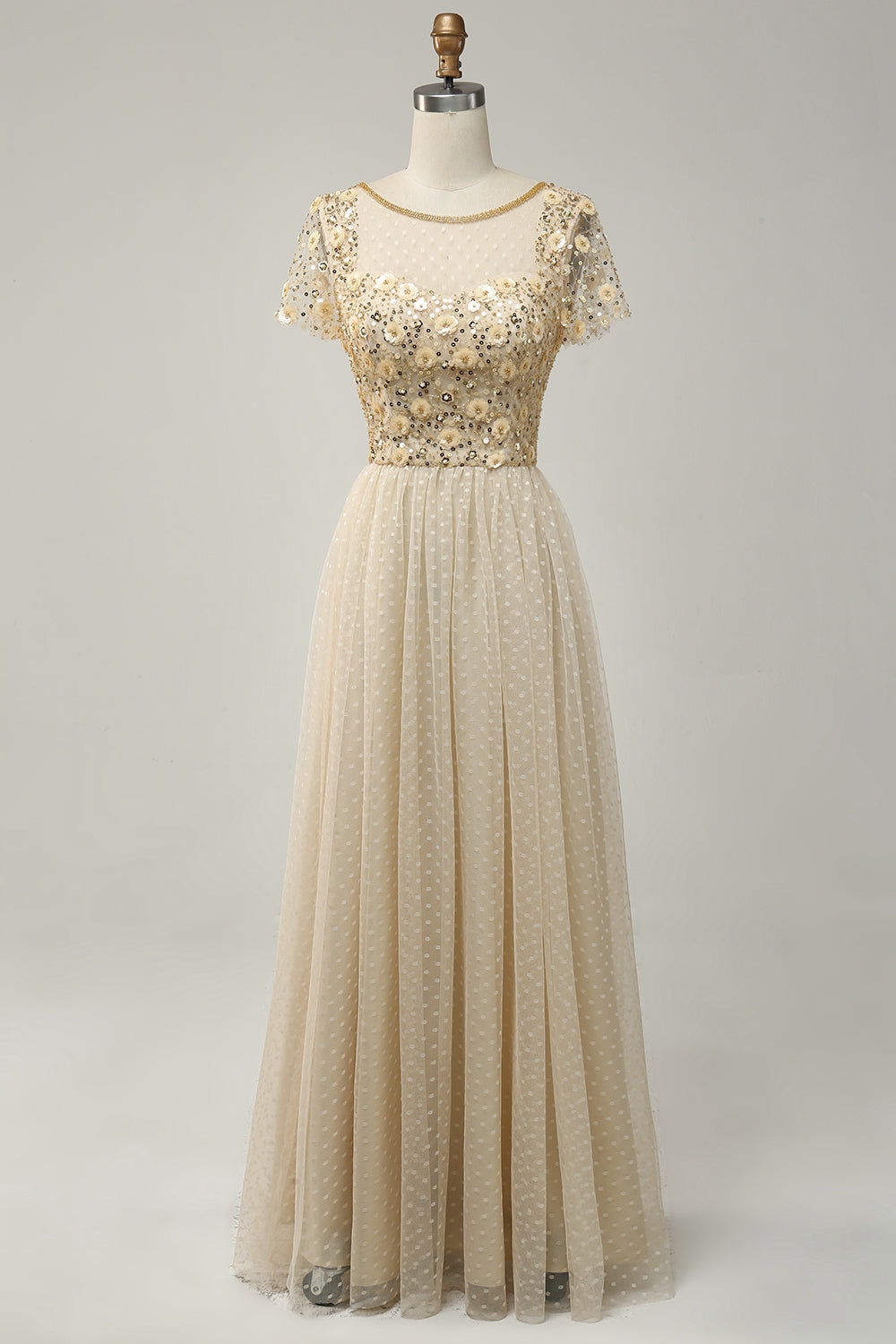 Apricot Tulle A Line Sequins Prom Dress with Appliques