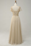 Apricot Tulle A Line Sequins Prom Dress with Appliques