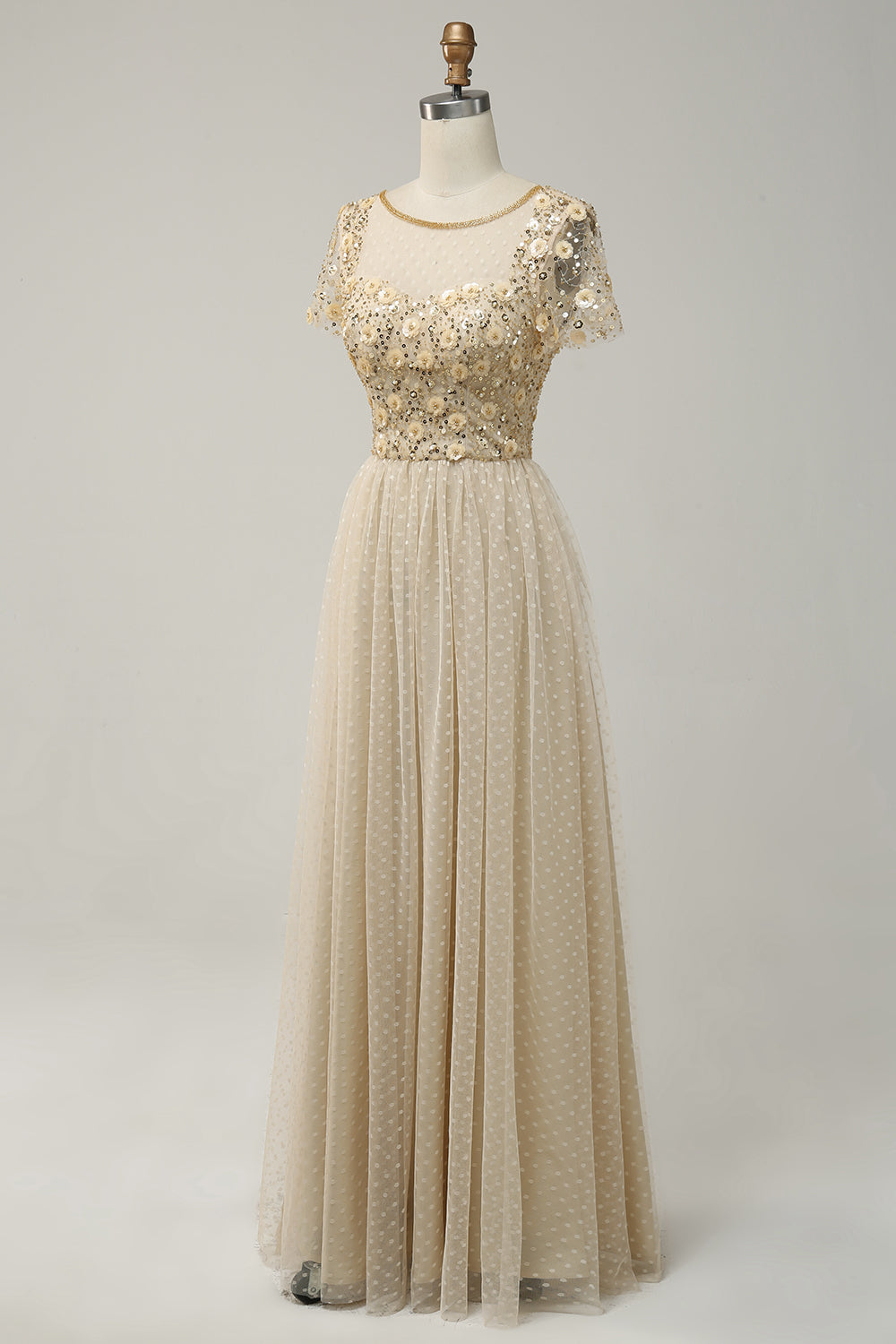 Apricot Tulle A Line Sequins Prom Dress with Appliques