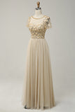 Apricot Tulle A Line Sequins Prom Dress with Appliques