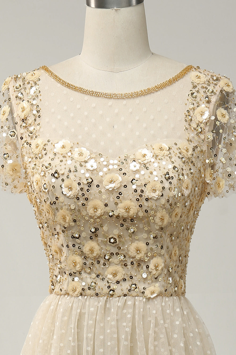 Apricot Tulle A Line Sequins Prom Dress with Appliques