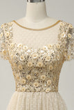 Apricot Tulle A Line Sequins Prom Dress with Appliques