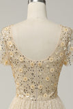 Apricot Tulle A Line Sequins Prom Dress with Appliques