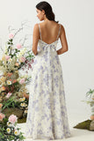 A Line Spaghetti Straps Purple Flower Printed Long Bridesmaid Dress