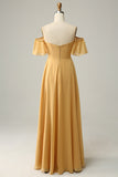 A Line Off the Shoulder Yellow Long Bridesmaid Dress