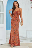 Orange Mermaid Backless Long Printed Wedding Guest Dress