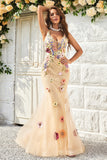Mermaid Deep V Neck Champagne Long Prom Dress with Criss Cross Back