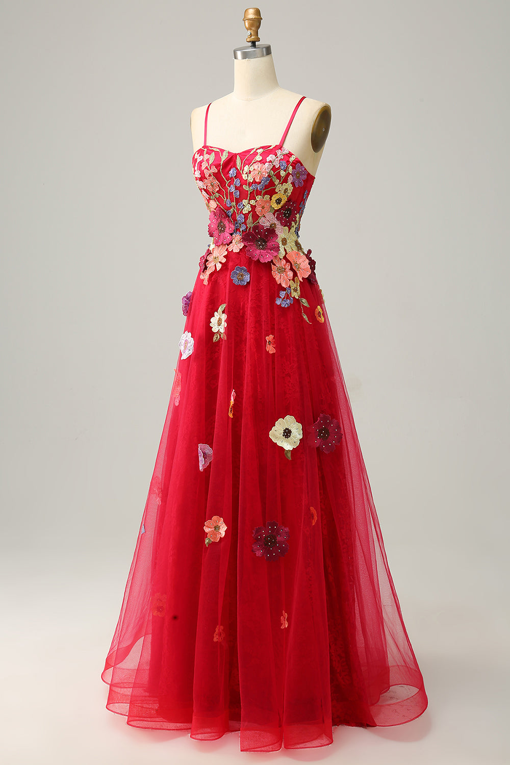 A Line Spaghetti Straps Burgundy Long Prom Dress with Appliques