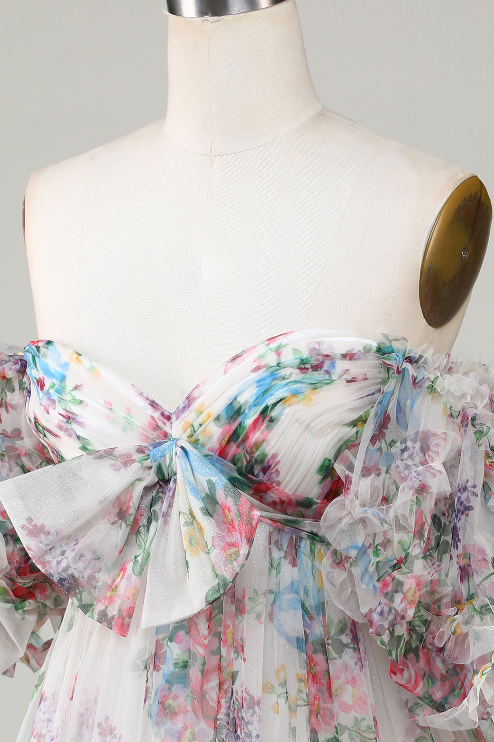 Ivory Floral Printed A-Line Puff Sleeves Short Tulle Graduation Dress
