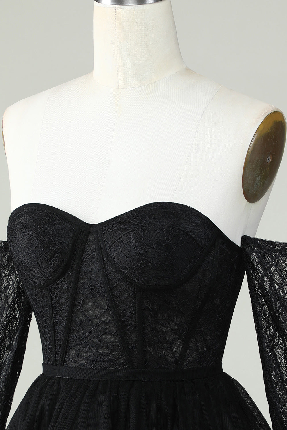 A Line Off the Shoulder Black Corset Graduation Dress with Long Sleeves