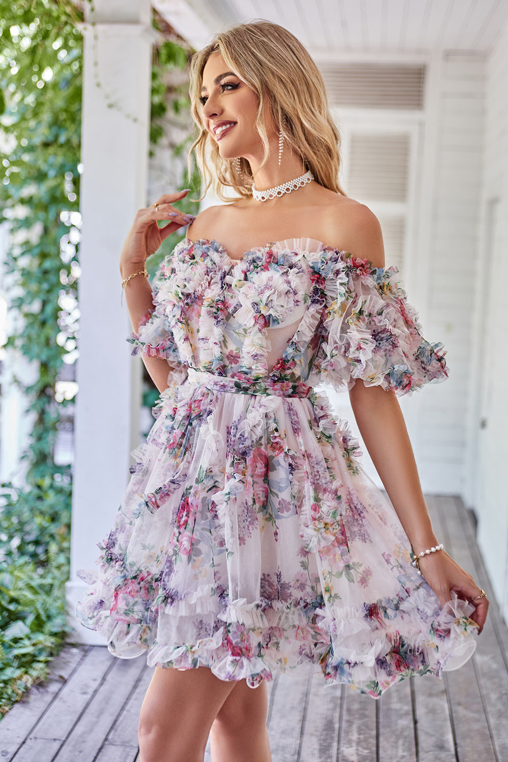 Off the Shoulder A Line Printed Cute Graduation Dress