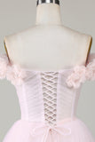 Cute A Line Off the Shoulder Pink Short Graduation Dress with Flowers