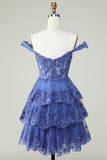 Cute A Line Dark Blue Corset Tiered Short Graduation Dress with Lace