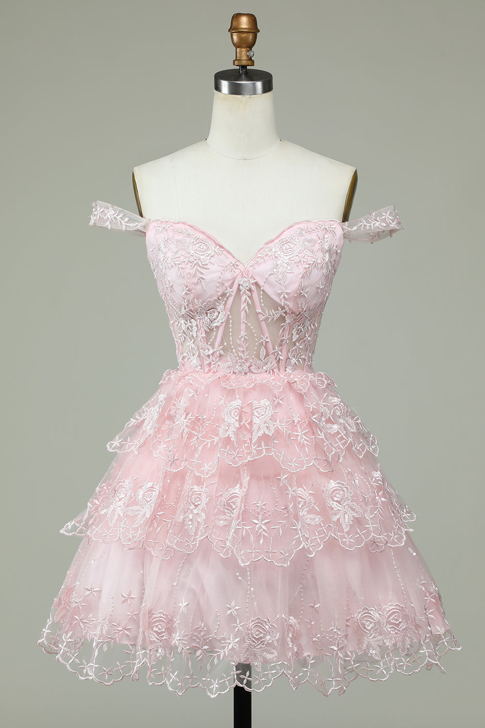 Cute A Line Off the Shoulder Pink Corset Graduation Dress with Lace