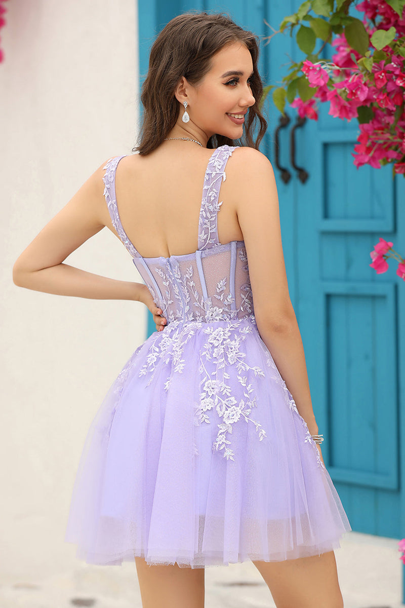 Zapaka Women Lilac Corset Straps A-Line Short Graduation Dress Tulle Party  Dress with Lace – Zapaka CA