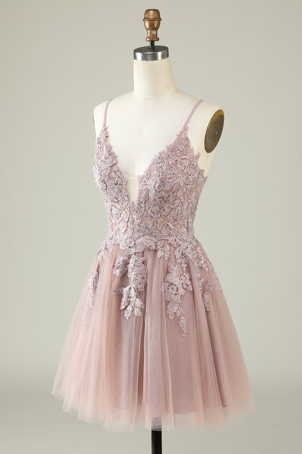 A Line Spaghetti Straps Blush Short Graduation Dress with Appliques