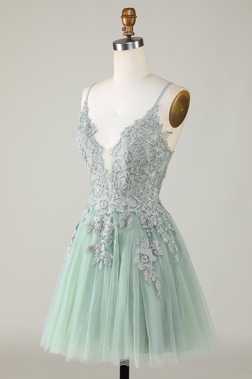 Stylish A Line Spaghetti Straps Green Short Graduation Dress with Appliques
